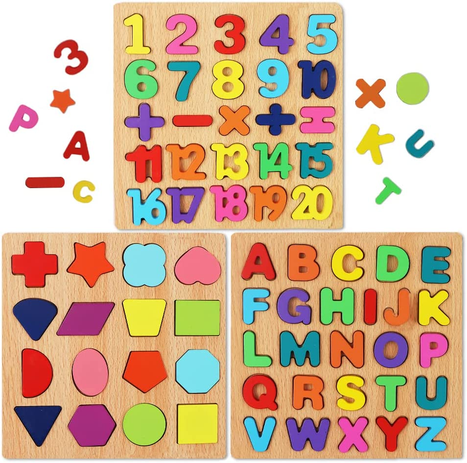 3-in-1 ABC Puzzle Shape Sorter - Wooden Jigsaw Toys for Early Learning, Alphabet & Number Puzzle, Preschool Educational Toy for Children
