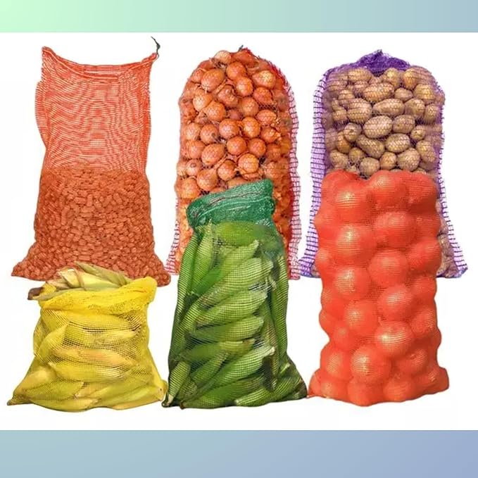 FR 10 Pieces of Mesh Storage Bags 22x40 Inch with Drawstring, Orange Color | Up to 40kg Capacity Great for Packaging Produce, Vegetables and Fruit | Multipurpose Bora Bori Polyethylene HDPE Modern Open Net Bag for Vegetable, Fruits Storage, Onion, Potato