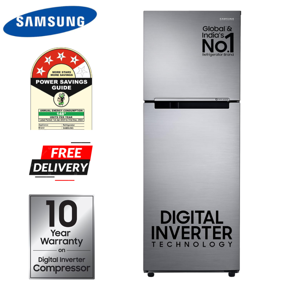 Samsung 253L Double Door Frost Free Refrigerator RT28A3022GS/IM | Digital Inverter | Stabilizer Free | Energy Efficient | Silver | 10 Year Warranty