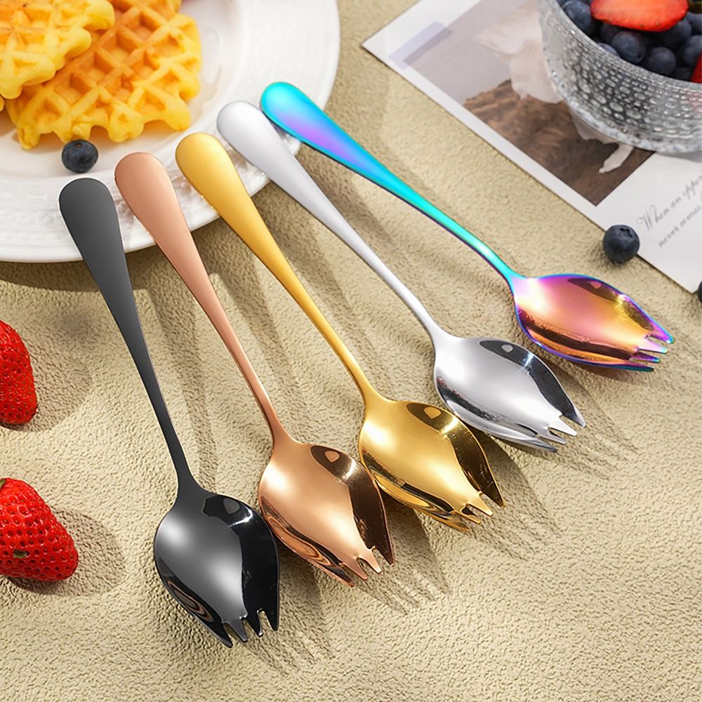 Exquisite 2 in 1 Salad Spoon Fork Stainless Steel Dishwasher Tableware Soup Spoons 5 Colors Long Handle Dessert Spoon for Kitchen Tools