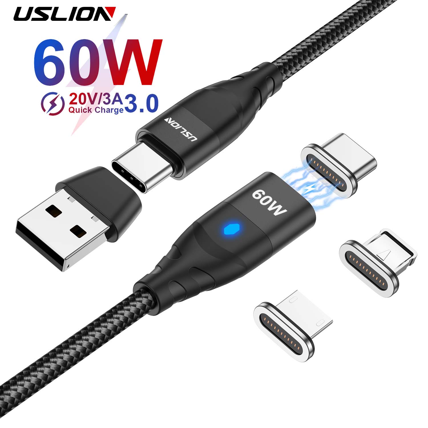 50% discount USLION PD 60W Magnetic Fast Charger Cable for iPhone 15 14 Pro Xiaomi 13 USB C To Micro or Type C Data Wire for MacBook Laptop