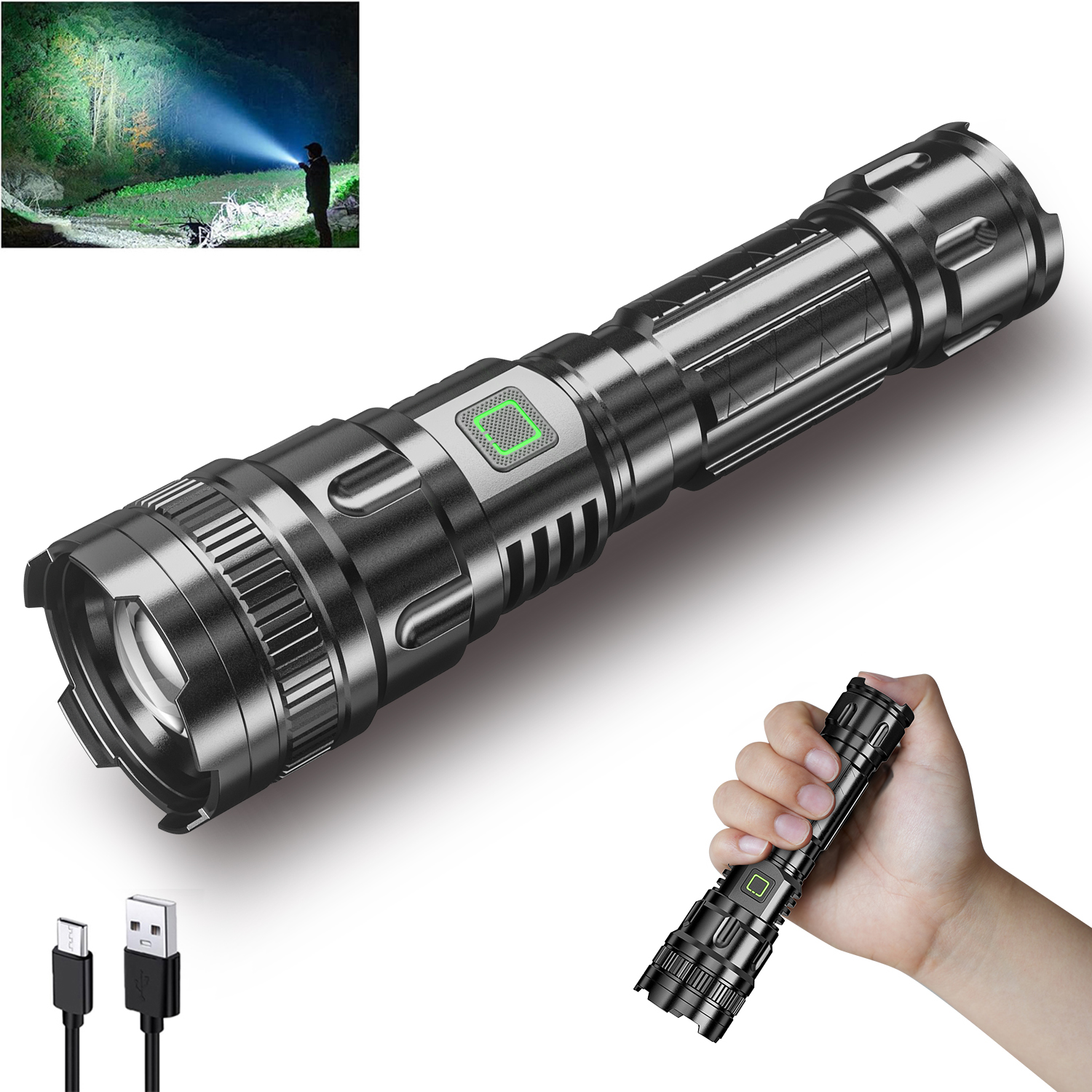 Portable Rechargeable Flashlights High Lumens, Super Bright 12 Hours Long Life LED Flashlight with 3 Modes, High Powered Flash Light