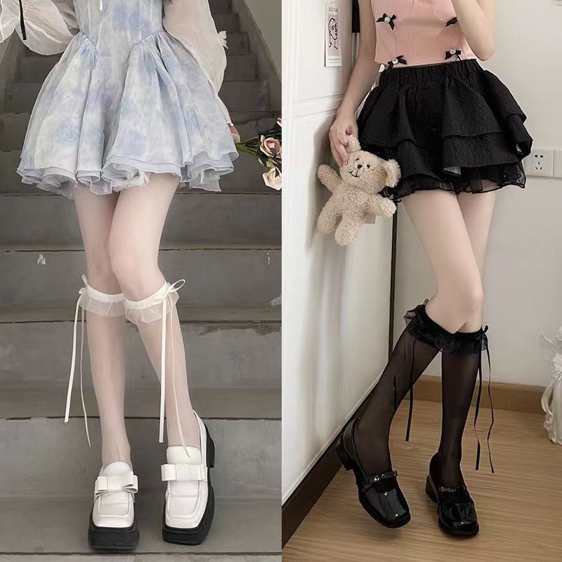 Summer thin sweet white calf socks pure desire lace bow cute streamer long over the knee socks
