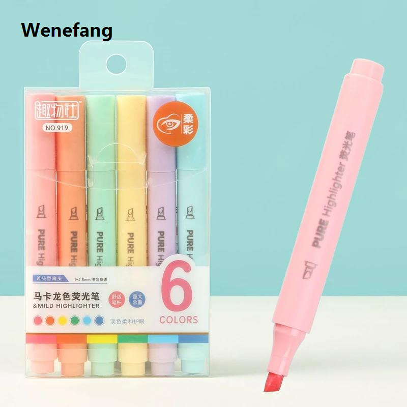 Wenefang 6Pcs/set Pastel Color Macaron Highlighter Pen Marker Pens Fluorescent 【2025 Version】 Pen Drawing Highlighters Cute Stationery School Supplies