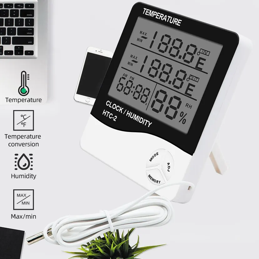Humidity Clock HTC-2 | Digital LCD Temperature Humidity Meter | Outdoor