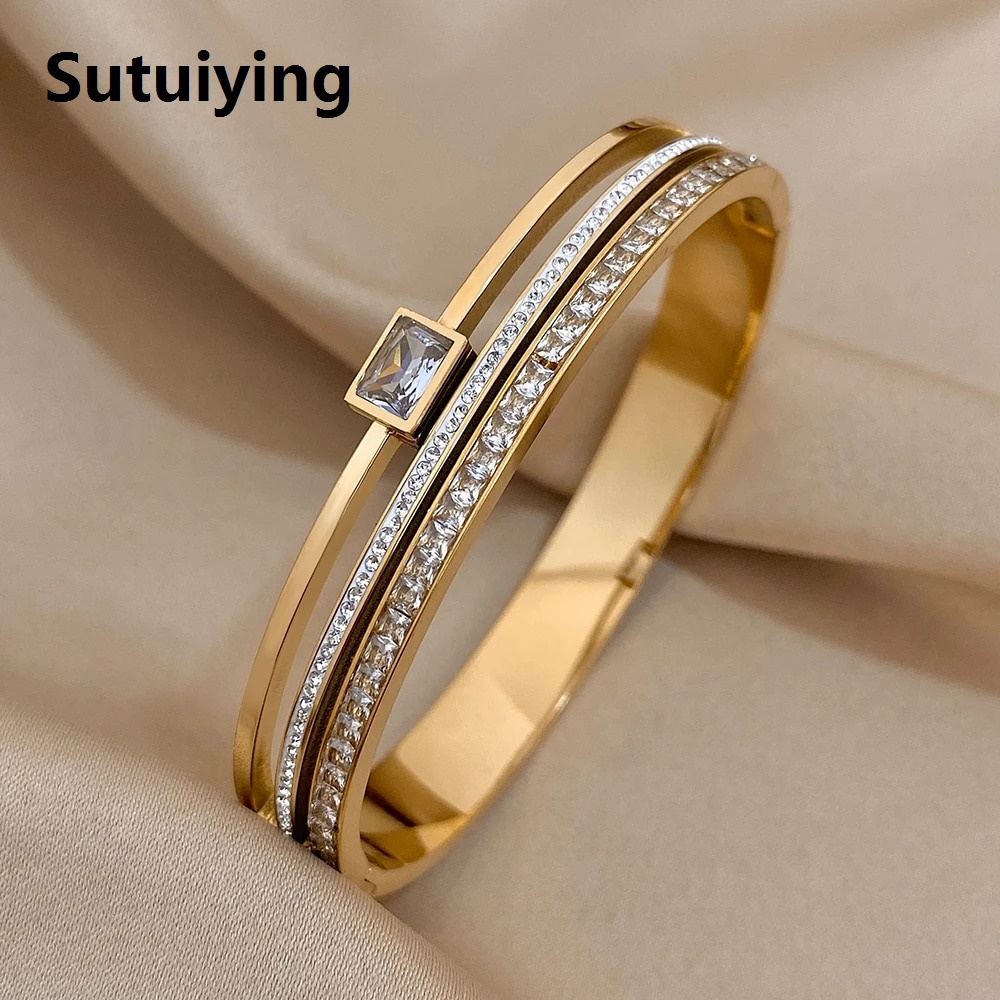 Sutuiying Luxury Stainless Steel Cuff Bracelet For Women Mens Gold Silver Color Couple Bracelets Green White Rhinestone Wide Bangle Gift