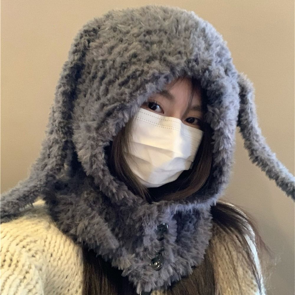 Casual Cute Rabbit Ear Plush Warm Hat Thickened Ear Protection Beanie Cap Windproof Keep Warm Winter Hat Winter