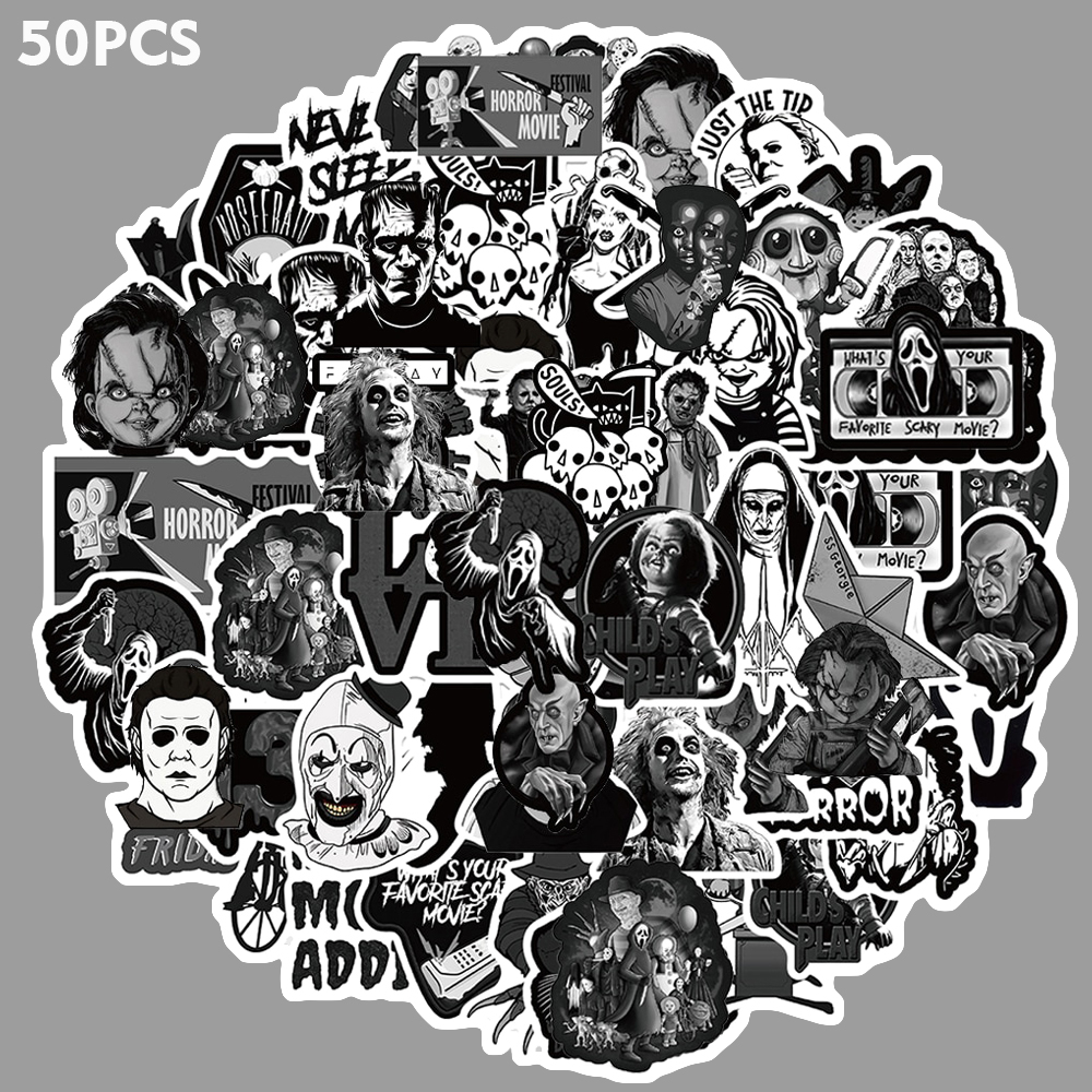 Artsy Home 25/50pcs Black and White Mix Horror Movie Graffiti Waterproof Sticker for Laptops and Skateboards