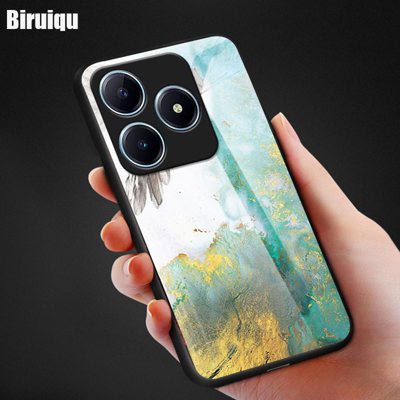 Biruiqu For Realme C63 Shockproof Fashion Marble Tempered Glass Back Case Cover