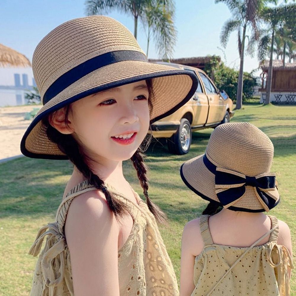 New Straw Children Straw Hats UV Protection Wide Brim Sun Visor Hat Fashion Casual Bow Sun Block Hat Summer
