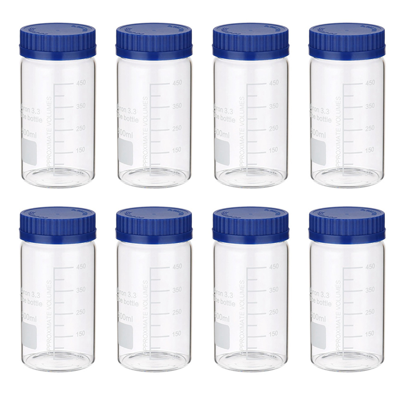 8 Pack Reagent Media Storage Bottles, 500ml Borosilicate Glass Wide Mouth Graduated Round Bottles with GL32 Screw Cap