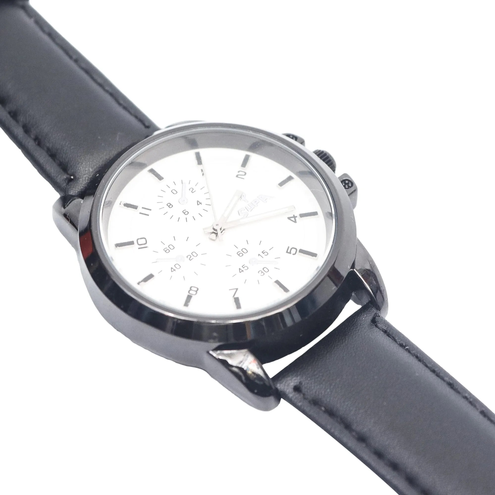 Supa Round White Dial Chronograph Watch For Men || Black Dial Black Leather Belt || Sold By Best Supplier