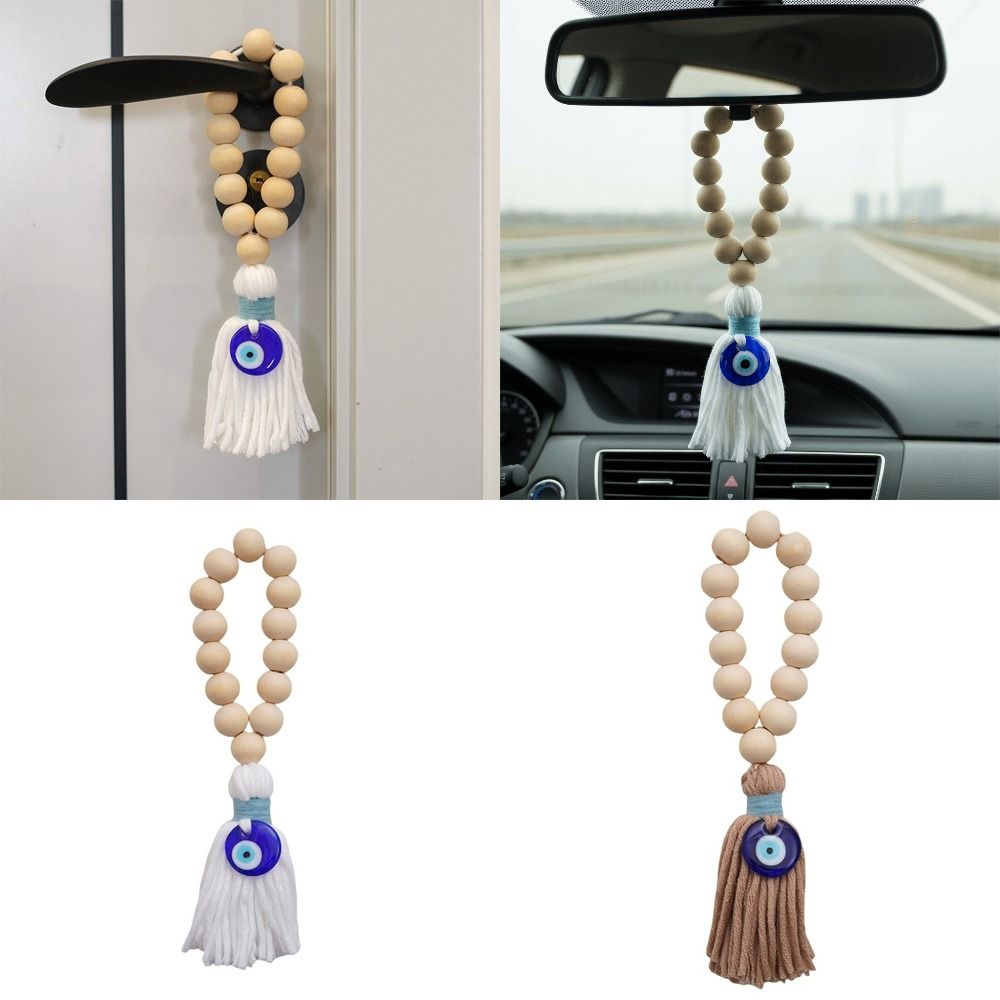 Retro 22cm Wooden Bead Pendant Handmade Bohemian Style Door Handle Pendant Blue Eye Design Keychain Pendant
