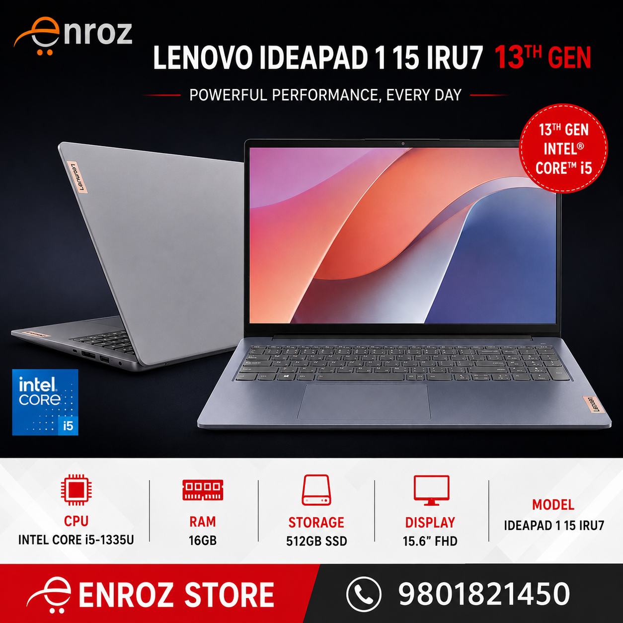 Lenovo Ideapad 1 15 13th Gen Intel Core i5-1335U , 16GB RAM,512 GB SSD 15.6'' FHD Laptop
