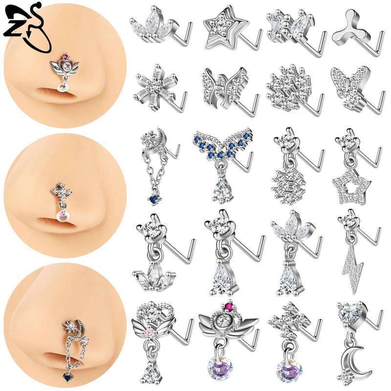 ZS 1 PC 20G Stainless Steel Ring 7MM L Rod Nose Stud Moon butterfly Shape Pendant Earring Helix Cartilage Piercings Jewelry