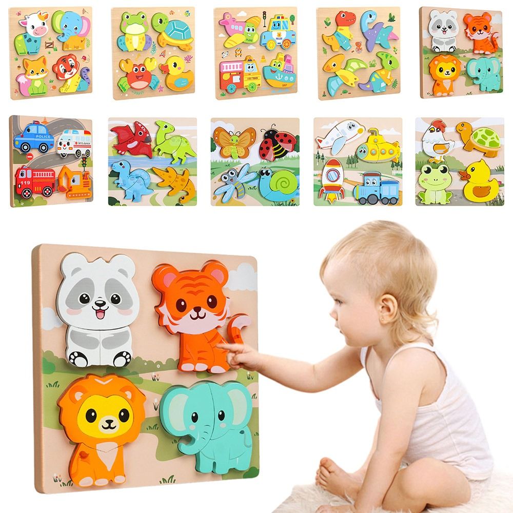 New Multicolor Wooden 3D Puzzle Cartoon Animal Fruits Dinosaur English Learning Puzzle Hand-eye Coordination Animals Jigsaw Toys Gifts