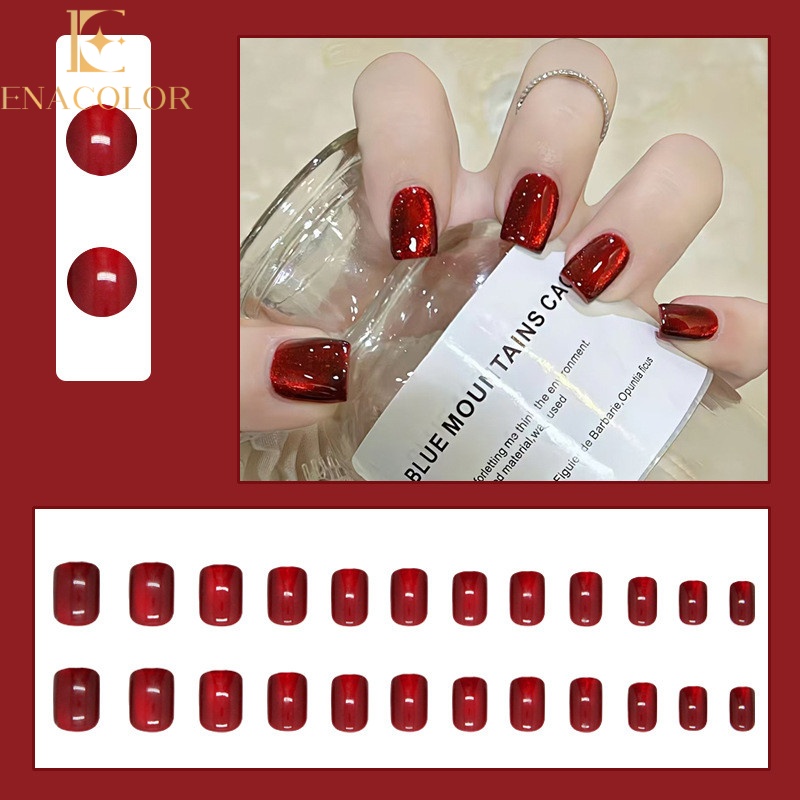 Enacolor 24Pcs Short Red Fake Nails with Glue DIY Art Design False Nails Wearable Nails Stylish Pattern Artificial Nails