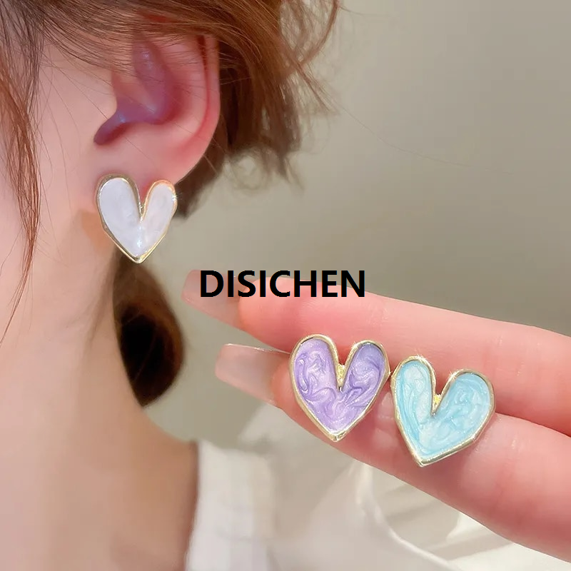DISICHEN White Blue Purple Color Heart Stud Earrings for Women Girl Korean Love Enamel Glaze Aesthetic Daily Brincos Minimalist Jewelry Luxury