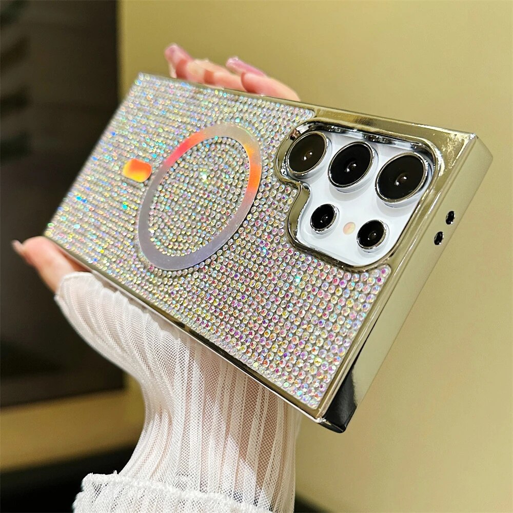 HODON Laser Glitter Diamond Magnetic Phone Cases For Samsung S25 S23Ultra S24 Ultra Magsafe Case Wireless Charging Sparkle Rhinestones Protection Cover