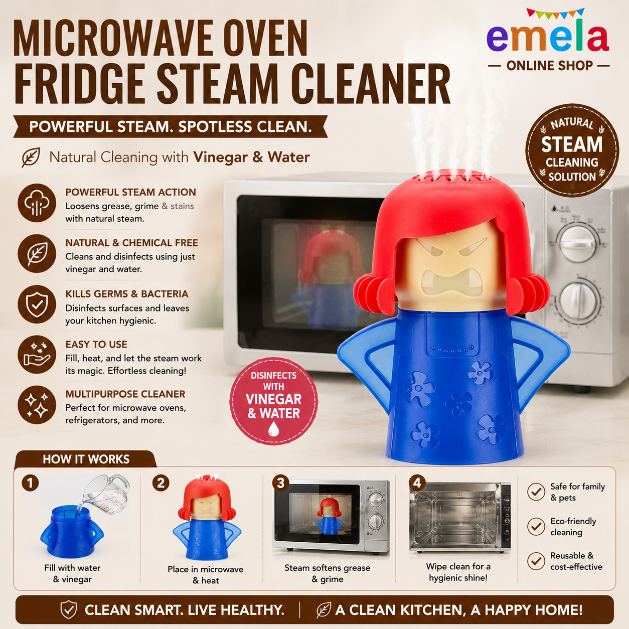 Microwave Oven Fridge Steam Cleaner | Disinfects With Vinegar & Water For Kitchen | Kitchen Cleaning Supplies (Pack of 1,Multicolor) By Trimandu