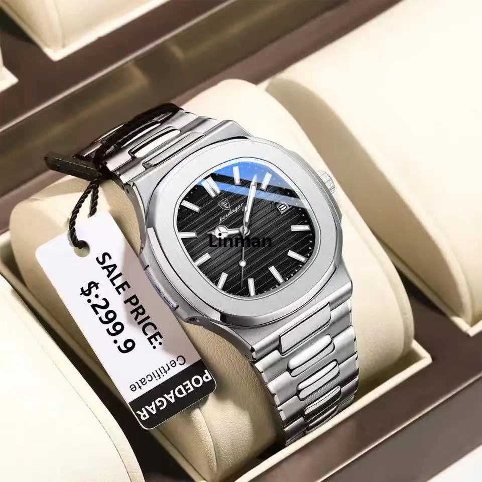 Linman POEDAGAR Luxury Watch Business Waterproof Male Clock Luminous DaNew te Stainless Steel Square Quartz Men Watch reloj hombre 2025 New