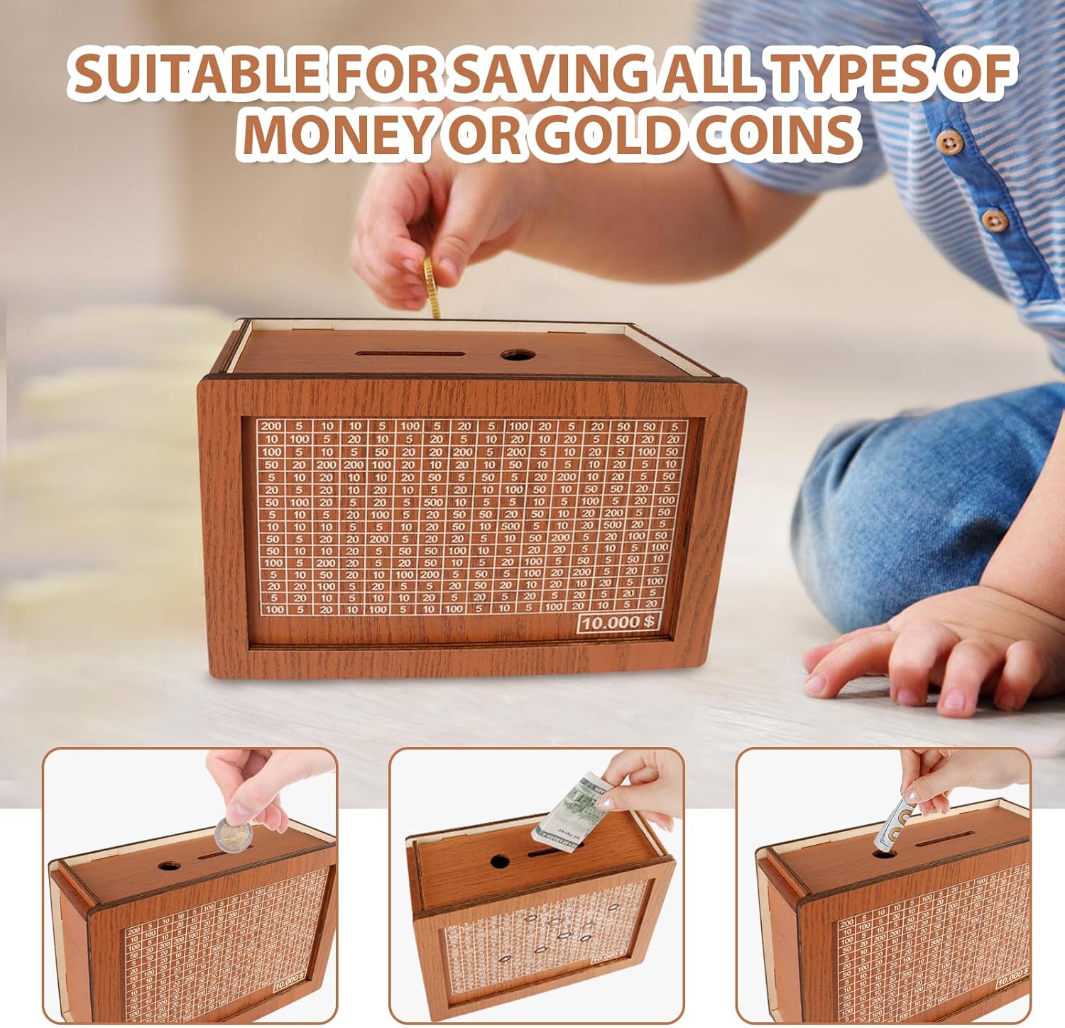 Money Saving Box For Adult 100000 -Money Box, Wooden Money Saving Box,1 Lakh Money Saving Box,Money Collecting Box Adults Kids, Small Amount Big Storage 100000 Savings Money Box,Challenge Box