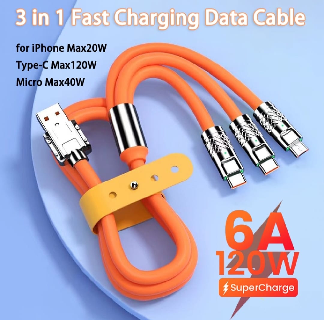 120W 6A Charger Cable, 3 in 1 Fast Charging Data Cable, Portable Charger Cord With USB Type-C, Micro-USB, For All Mobile