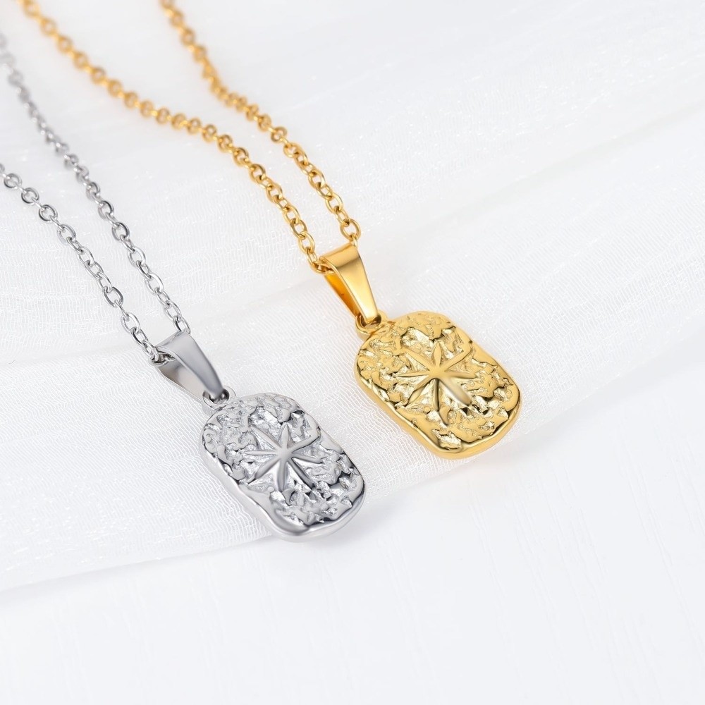 Stylish Hammered Finish Stainless Steel Pendant Necklace Silver Color With Chain Eight Point Star Pendant Eight Point Star Design Non Fading Compass Pendant Necklace for Men Women