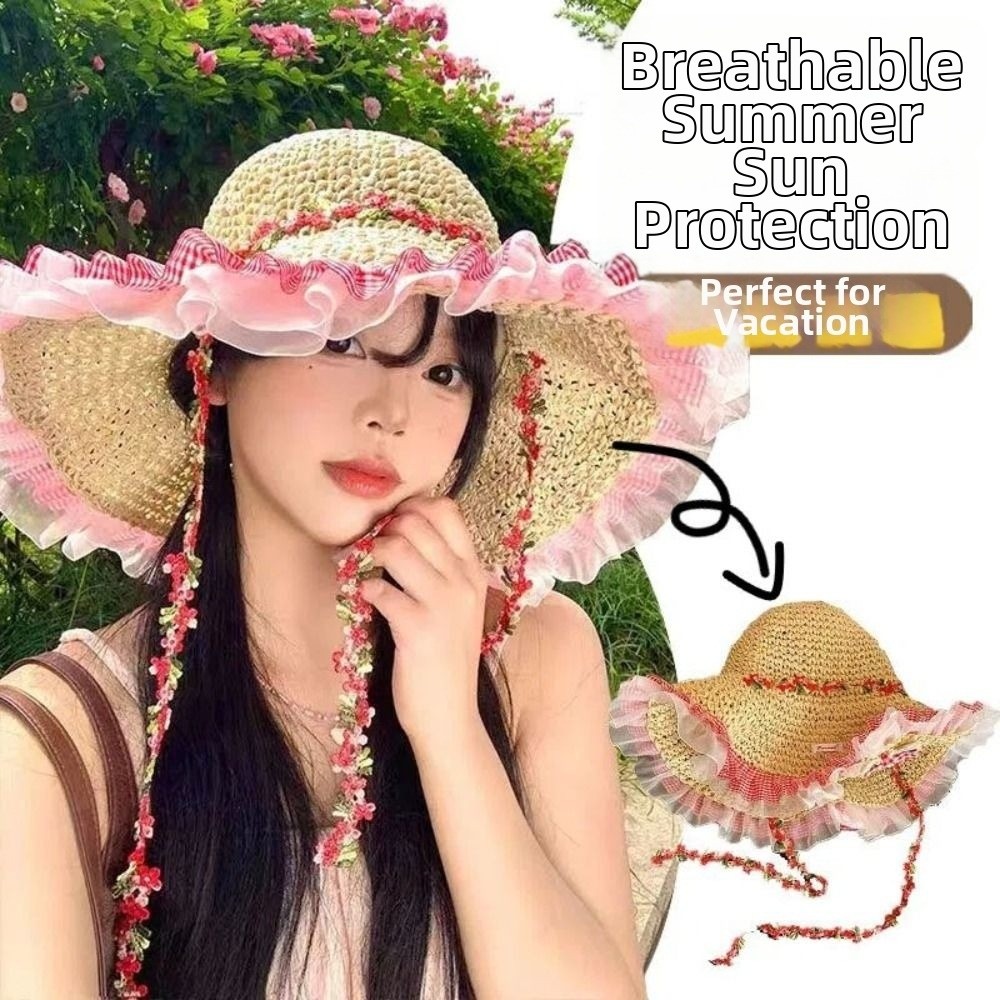 New Sun Protection Straw Hat Large Brim Foldable Lace Trim Hats UPF 50+ UV Protect Sun Cap Women Girls