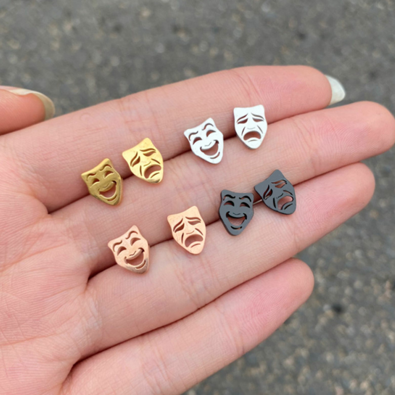 【New arrivals】Fashion Black Smiley Face Earrings Ins Simple Style Asymmetrical Crying Smiley Face Ear Bone Nail Ins