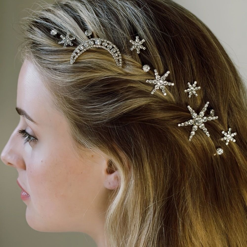 New Moon Stars Star Moon Hair Clips Set Shining Sparkling Silver Gold Crystal Rhinestone Hairpin Luxury Elegant Shiny Starry Barrettes Set Women Ladies Headdress
