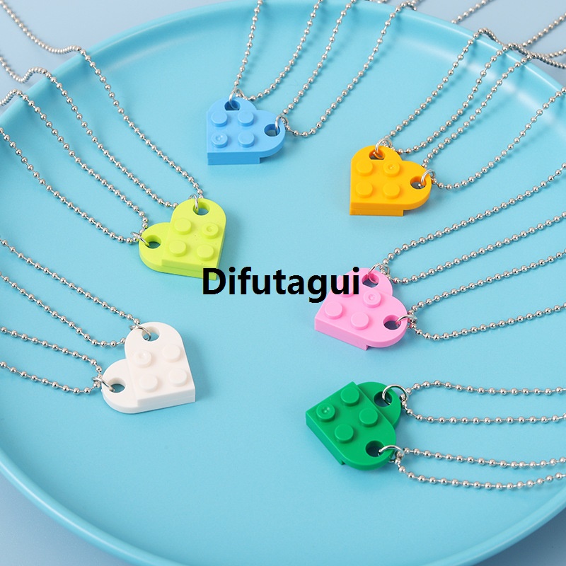 Difutagui Fashion Couple Lover Choker Chain Punk 2 Pcs/Set Color Heart Affordable Brick Block Splice Pendant Necklace For Women Jewelry Gift