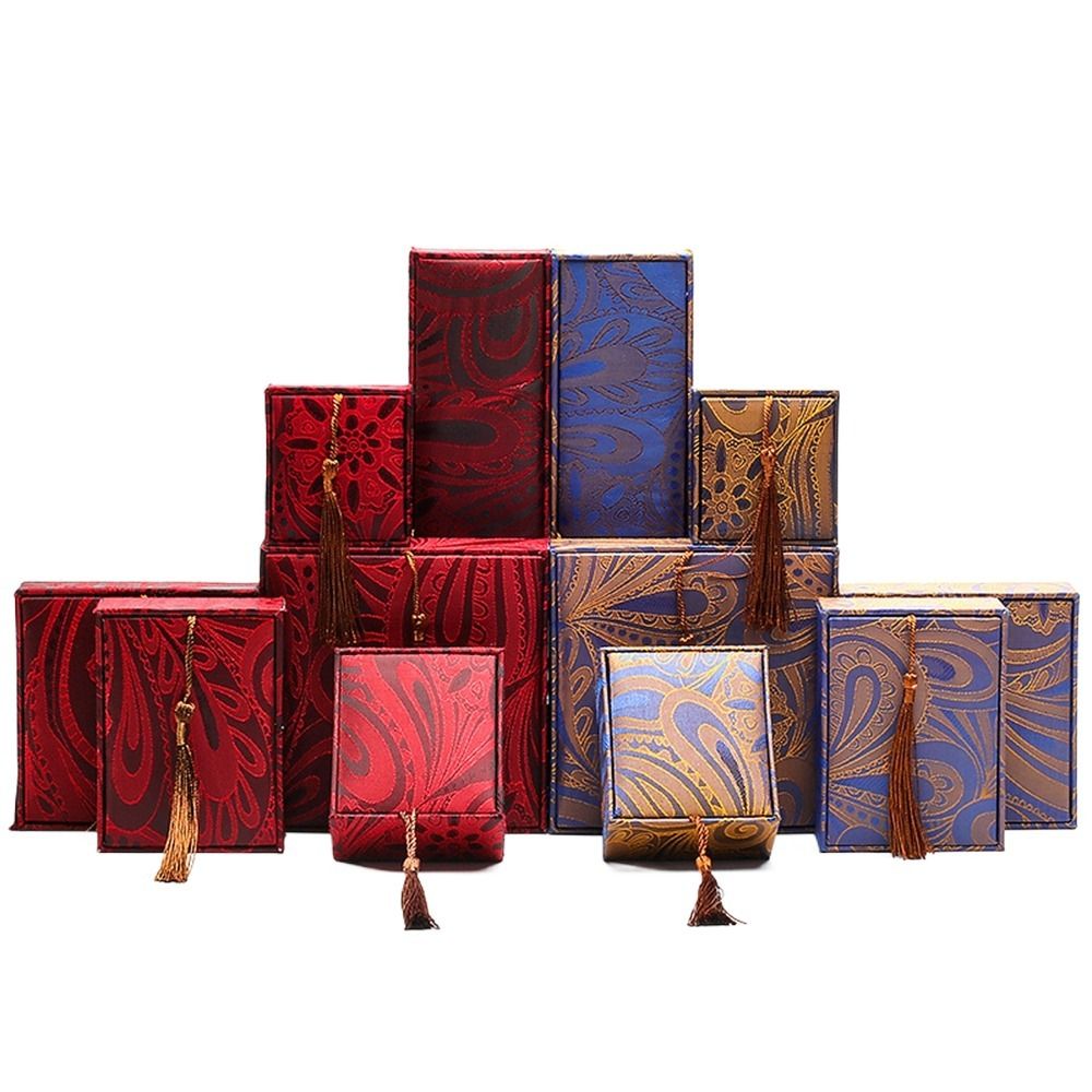 Portable Linen Tassel Jewelry Box Chinese Style with Fringe Jewelry Packaging Box Rectangular Ring Gift Box Pendant