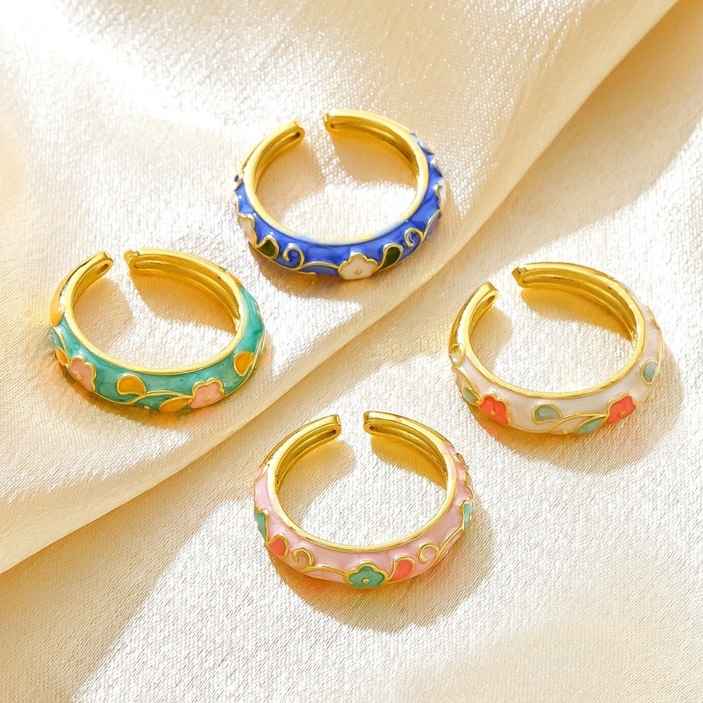 Vintage Colorful Oil-Drop Ring Versatile Delicate Flower Open Ring Chinese Style Retro Style Drip Glazing Ring Party