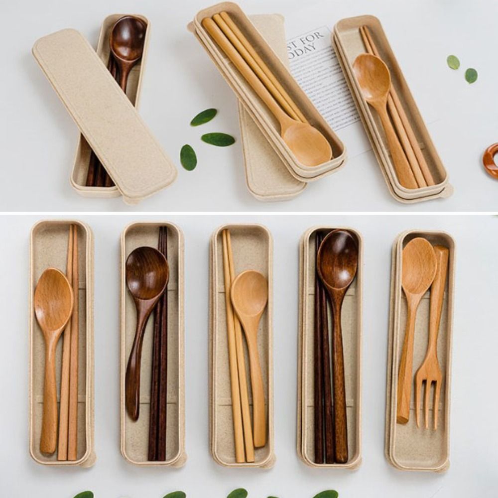 High Quality Natural Wooden Spoon with Box Handmade Wooden Fork Chopsticks Home Cookware Kitchen Accessories