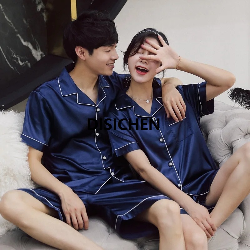 DISICHEN Solid Color Sleepwear Silk Satin Pajamas Couple Set Short-sleeved Pyjamas Suit Pijama Women Men Loungewear Plus Size Pj Set Special
