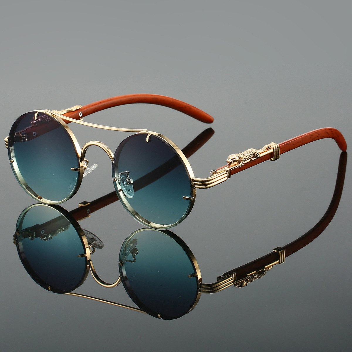 European and American retro double beam leopard head cross-border new sunglasses for men and women with the same fashion trend personality round frame sunglasses