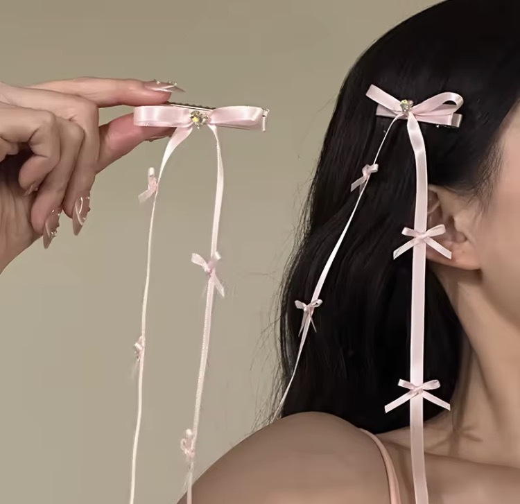 Masala Beads New Sweet Style 1pcs Crystal Long Pink Ribbon Hair Clip Ballet Inspired Little Bow Tie Girlish Kawai Hair Accessories Gifts