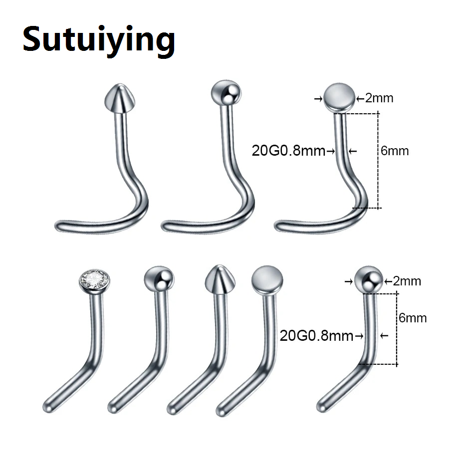 Sutuiying 1PC Titanium Nose Stud L-Shape Nariz Studs Screws Nose Ring Hoop Piercings Gem Nostril Earring Stud Piercings Fashion Jewelry