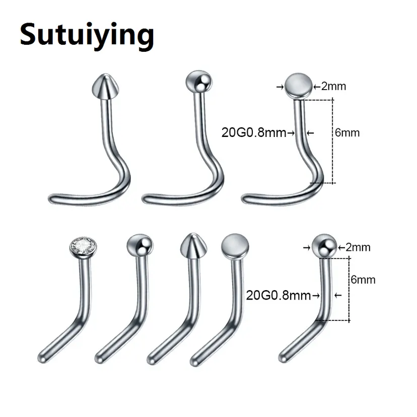Sutuiying 1PC Titanium Nose Stud L-Shape Nariz Studs Screws Nose Ring Hoop Piercings Gem Nostril Earring Stud Piercings Fashion Jewelry