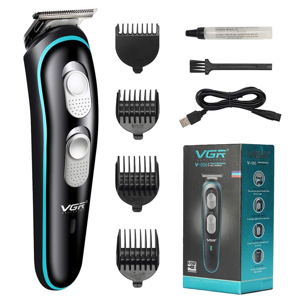 VGR Professional Rechargeable Cordless Beard Hair Trimmer Kit - Includes Guide Combs, Brush, USB Cord, Multicolor for Men, Family, and Pets