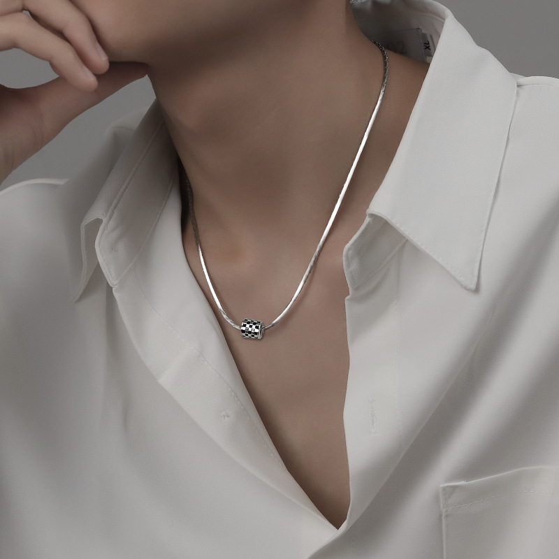 【New arrival】Necklace Men's Trendy Snake Bone Chain Design Sense Niche Black and White Chessboard Small Waist Men's Pendant Accessories Clavicle Chain Women