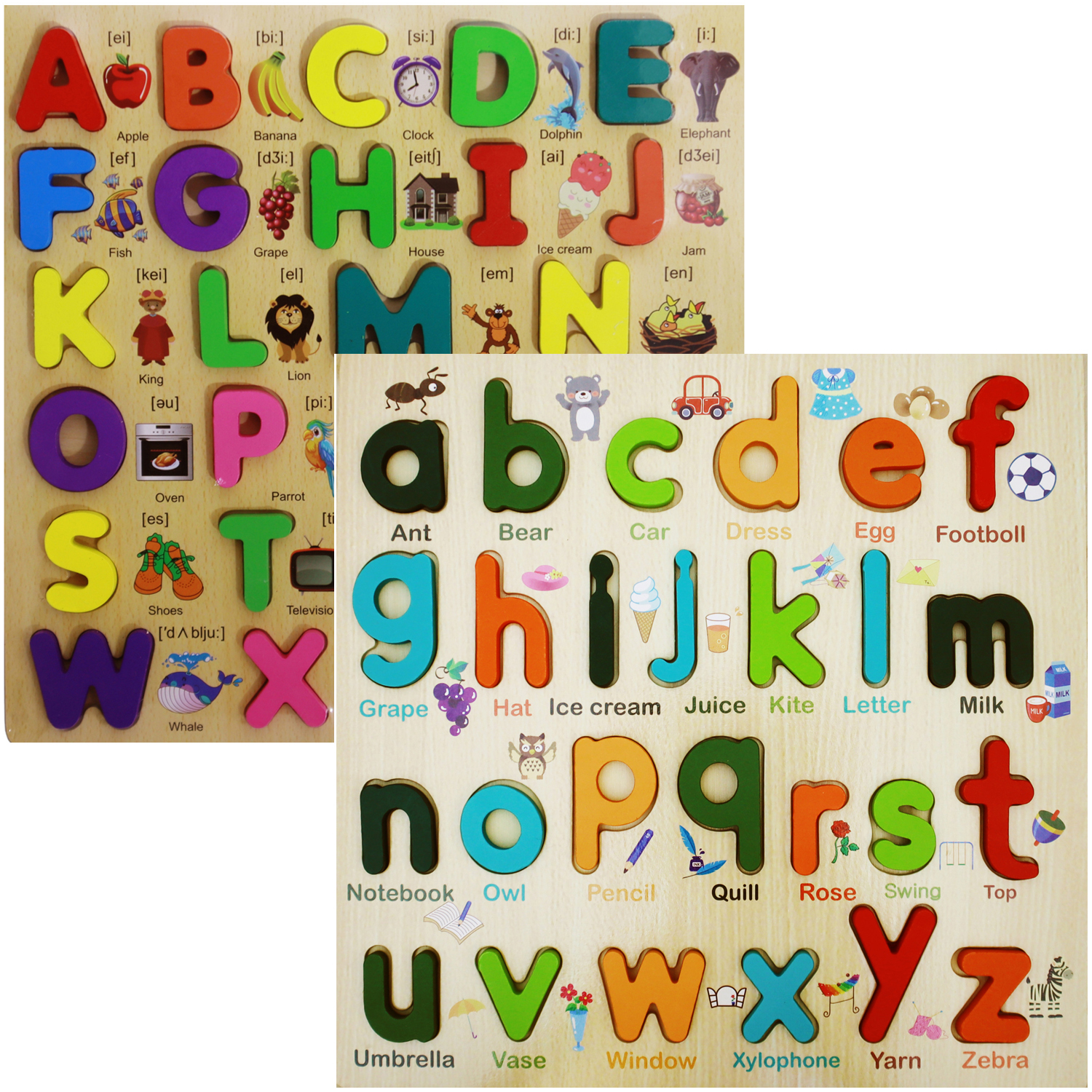 2 Pieces Colorful Wooden Montessori Capital & Small Alphabet Puzzle Letter Board Combo Set, Learning & Educational Toy for Baby & Toddlers 30×30 cm