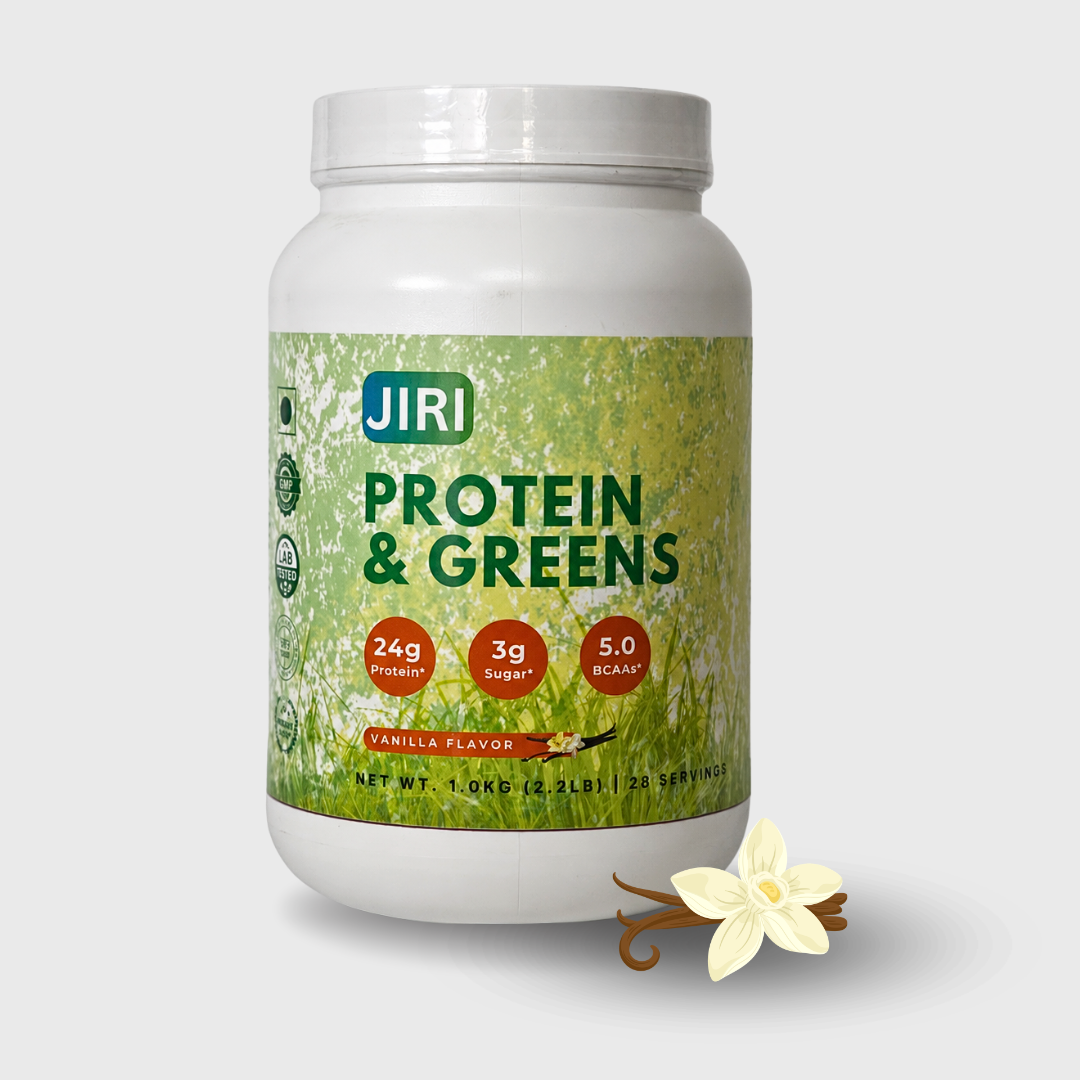 Jiri Nutrition Plant-Based Protein & Greens Powder 1kg - Vanilla Flavor, 24g Protein, 3g Sugar, GMO-Free, Vegan, Made in Nepal