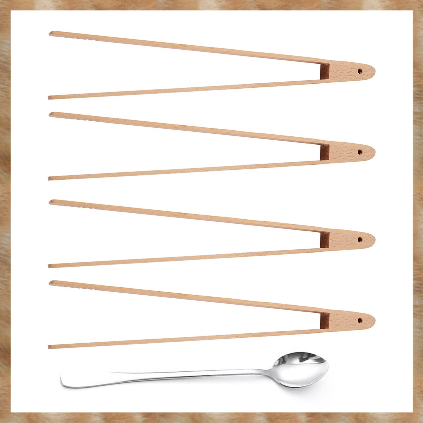 Kqueebee 4 Packs 12 Inch Wood Toaster Tongs Kitchen Tongs & New 1Pc Long Handle Stainless Steel Tea Coffee Spoon