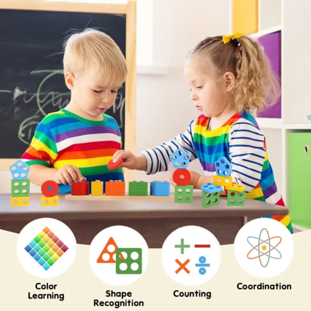 Montessori Wooden Sorting & Stacking Toy Set - Shape, Color & Counting Learning Blocks for Early Development of Baby