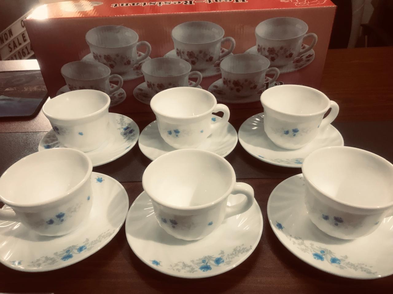 OPAL GLASS 12pcs Cup and Saucer Set Highly Durable Resistant ( 6pcs Cup + 6pcs Saucer )
