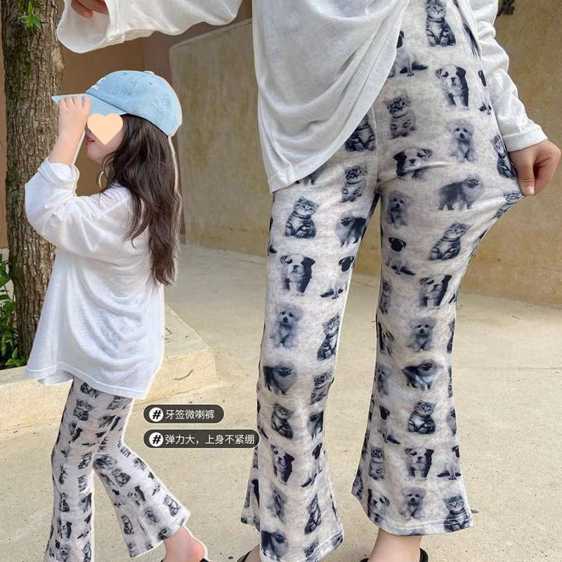 Children's clothing, girls' pants, new summer style for kids, baby's stylish high-waisted slim-fit micro-flared pants in ice silk with full print, ins