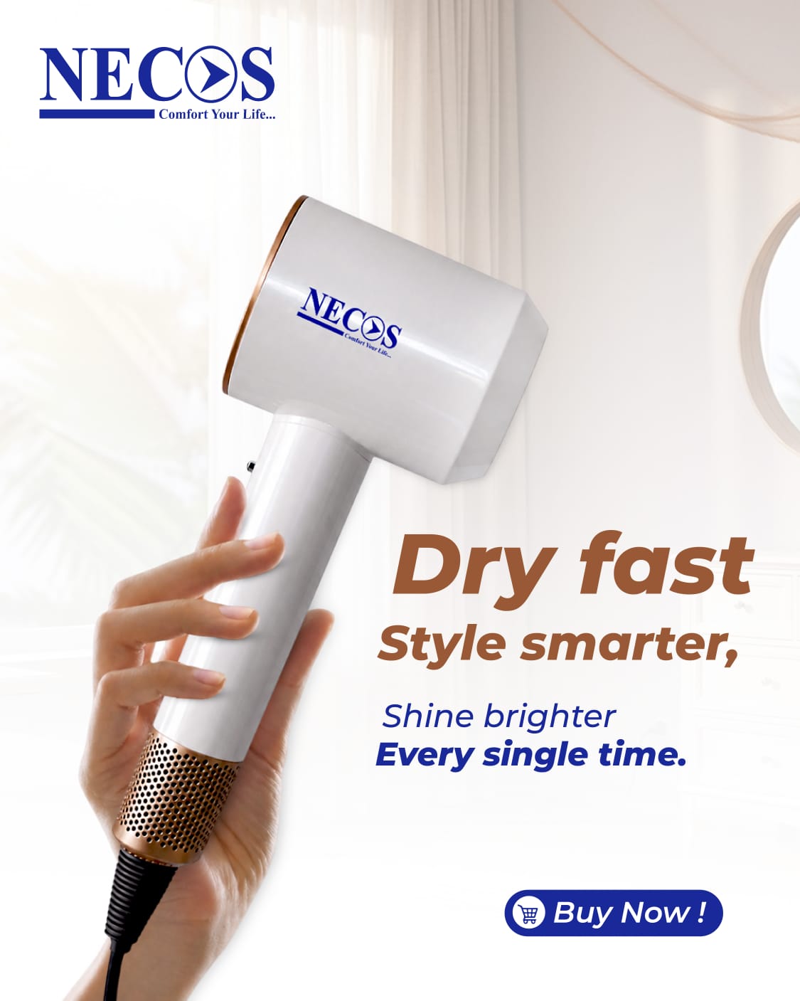 Necos High-Power Leafless Technology Hair Dryer | 1600W Fast Drying & Safe Hair Care | Salon Grade | 1 Year Replacement Guarantee