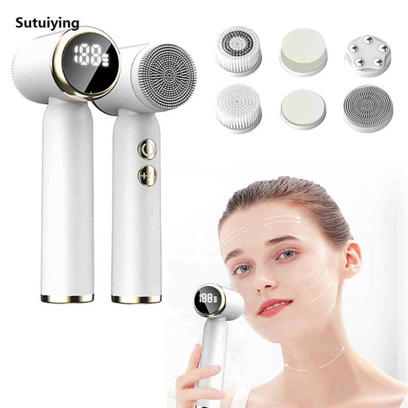 Sutuiying Hot Selling 6 IN 1 Electric Waterproof Silicone Cleansing New Brush Portable Replaceable Brush Heads